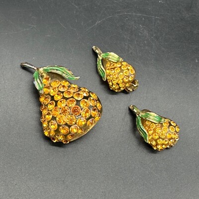 Vintage Forbidden Fruit Lucite Pear Brooch Clip On Earrings Jewelry Rhinestones