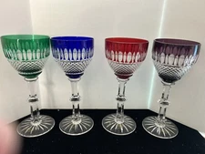 AJKA CRYSTAL HUNGARY BOHEMIAN CUT TO CLEAR 8" MULTI COLORED SET OF 4 *MINT* RARE