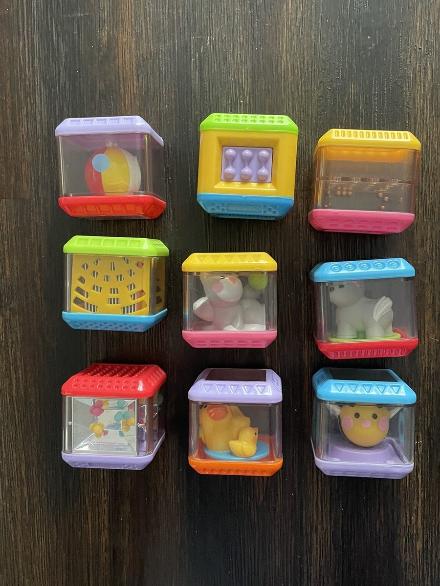 Lot Of 9 Fisher Price Peek a Boo Blocks Sensory Animals Ball Bee