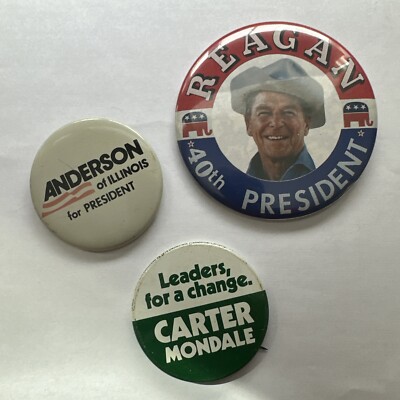 Reagan, Carter, Anderson 1980 Presidential Election Campaign Buttons