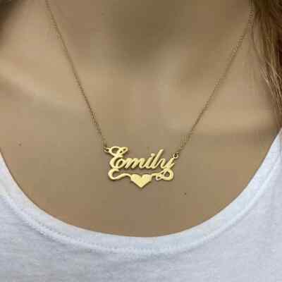 Personalized Gold over Sterling Silver Name Plate Heart Necklace