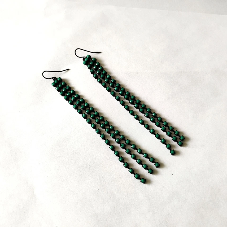 Gun Metal Faux Turquoise Bead Long Fringe Duster Earrings  4 3/8 inch - Image 4 of 4