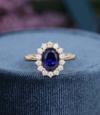 1.25CT Oval Cut Real Blue Sapphire Flower Style Jewelry Ring 14K Yellow Gold FN
