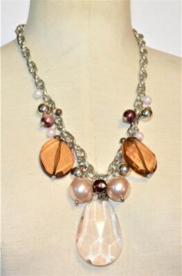 CHICO'S Silvertone Tropfen Ohrringe Pinkes Glimmerglas Faux Perlen 20'' Halskette
