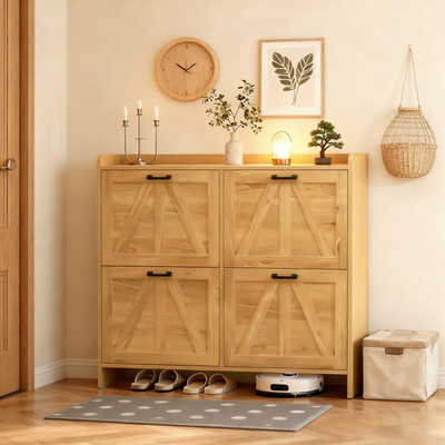 Light Oak Rustic Barn-Door Shoe Cabinet with 4 Flip Drawers, Sleek Space-Saving