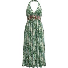 Suzi Chin Maggy Boutique Green Abstract Leaf Halter Maxi Dress Size 8 Y2K