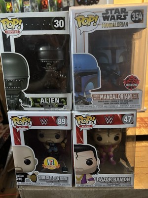 4 Funko Pops Alien Mandalorian Stone Cold Steve Austin Razor Ramon