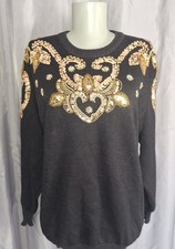 Vintage Ramie Blend Sequined Beaded Sweater Size M Black Gold 80s Dana Scott