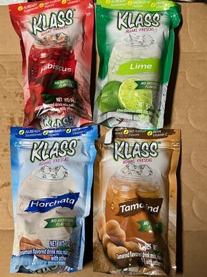 4 pk Klass Aguas Frescas Drink Mix Horchata, Tamarind, Hibiscus, Lime  14.1 Oz