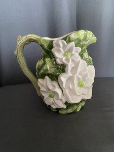 Vtg Gardenia Magnolia Ceramic Pitcher World Bazaar White and Green