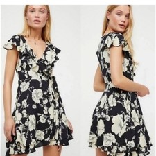Free People French Quarter Black & Ivory Floral Ruffle Wrap Mini Dress Size XS