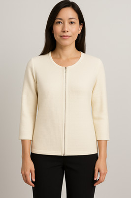 Ann Taylor Factory Petite Large PL Off White Textured Full Zip Cardigan Sweater