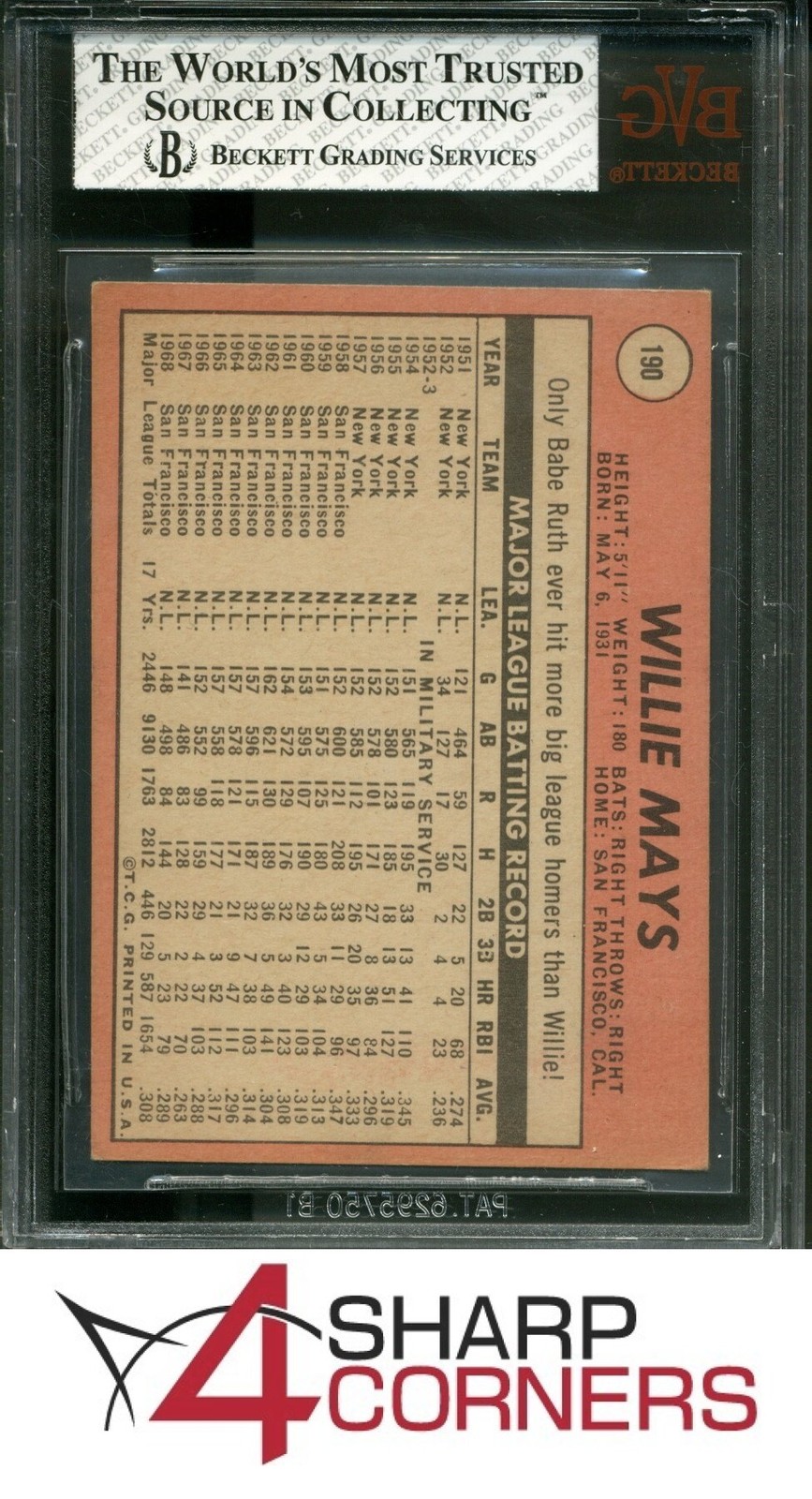 1969 TOPPS #190 WILLIE MAYS GIANTS BVG 5.5 view 2