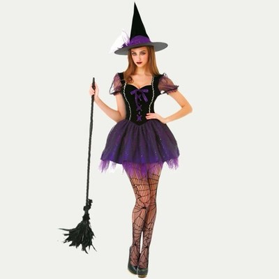 Hauntlook Wicked Witch Costume Sz Small Glitter NEW Purple Black w/Hat & Dress