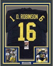 Framed Autographed/Signed Denard Robinson 35x39 Michigan Blue Jersey JSA COA