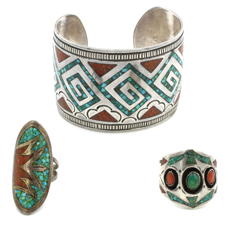 Southwest Signed Sterling Turquoise Coral Chip Inlay Cuff Ring Lot of 3 #S5267-1