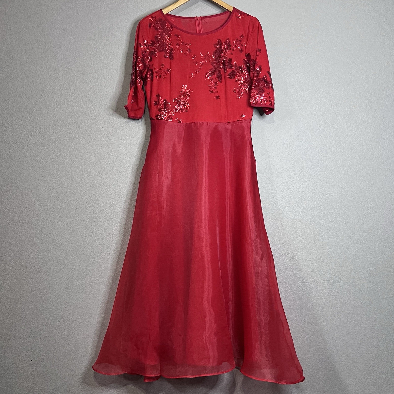 Red Sequin Floral Mesh Overlay Midi Dress Evening Cocktail Formal Gown