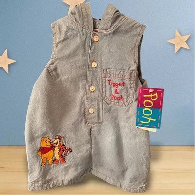 RARE HTF Winnie the Pooh Romper 9M Blue NWT Vintage 90s Hooded Denim Tigger - Photo 1/4