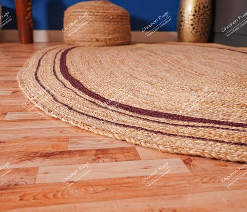 Hand Braided Beige Oval Jute Rug With Brown Triple Line Border, Home Décor Rug
