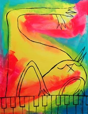 Cat Music Jazz Painting Original Colorful Piano Yoga Folk Art By Samantha McLean