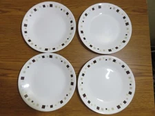 FOUR Corelle Geometric 10 1/4" Dinner Plates Brown Tan Green Squares