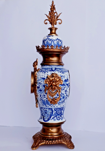 Antique DELFT BLUE & WHITE MANTEL CLOCK FAIENCE BRASS ELEMENTS BY BOCH KERAMIS - Picture 3 of 11