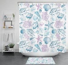 Ocean Purple Coral Teal Seashell Coastal Shower Curtain Set for Bathroom Decor