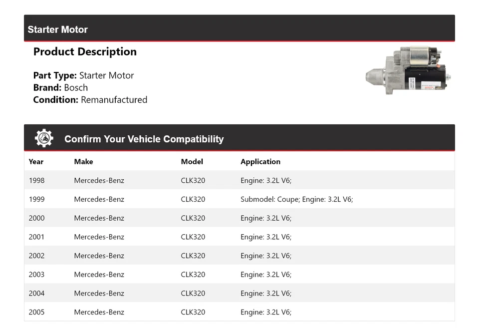 Arranque Bosch V6 3,2 L 1998-2005 Mercedes CLK320 (Remanufacturado) 1999 2000 Foto 2 de 4