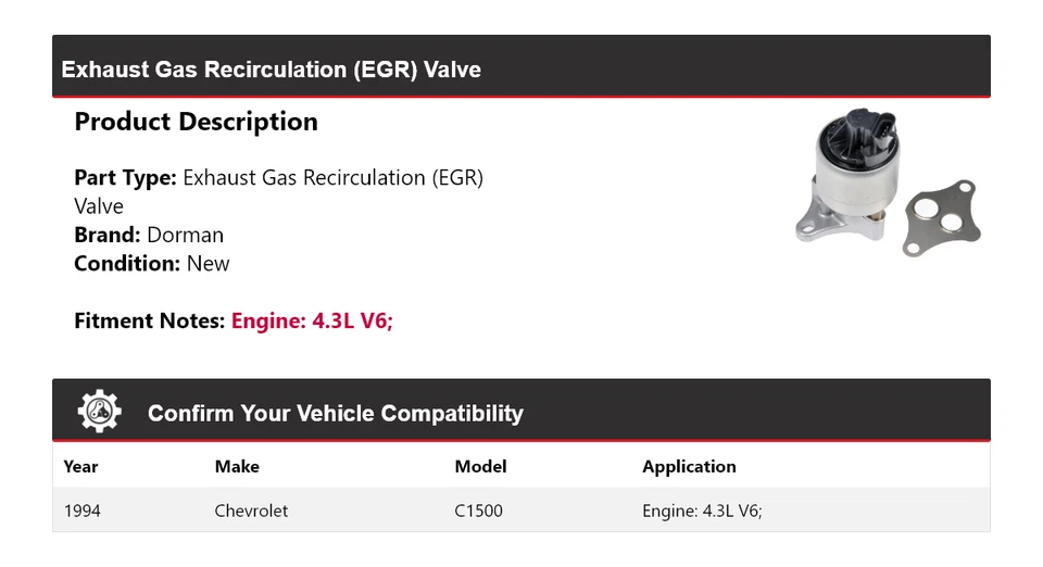 Válvula de recirculación de gases de escape (EGR) V6 V6 Dorman 1994 Chevrolet C1500 4,3 L Foto 2 de 4