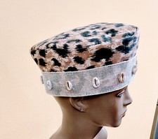 NEW HANDMADE BROWN AFRICAN STYLE KUFI HAT LEOPARD PRINT/COWRIE SHELLS 24"