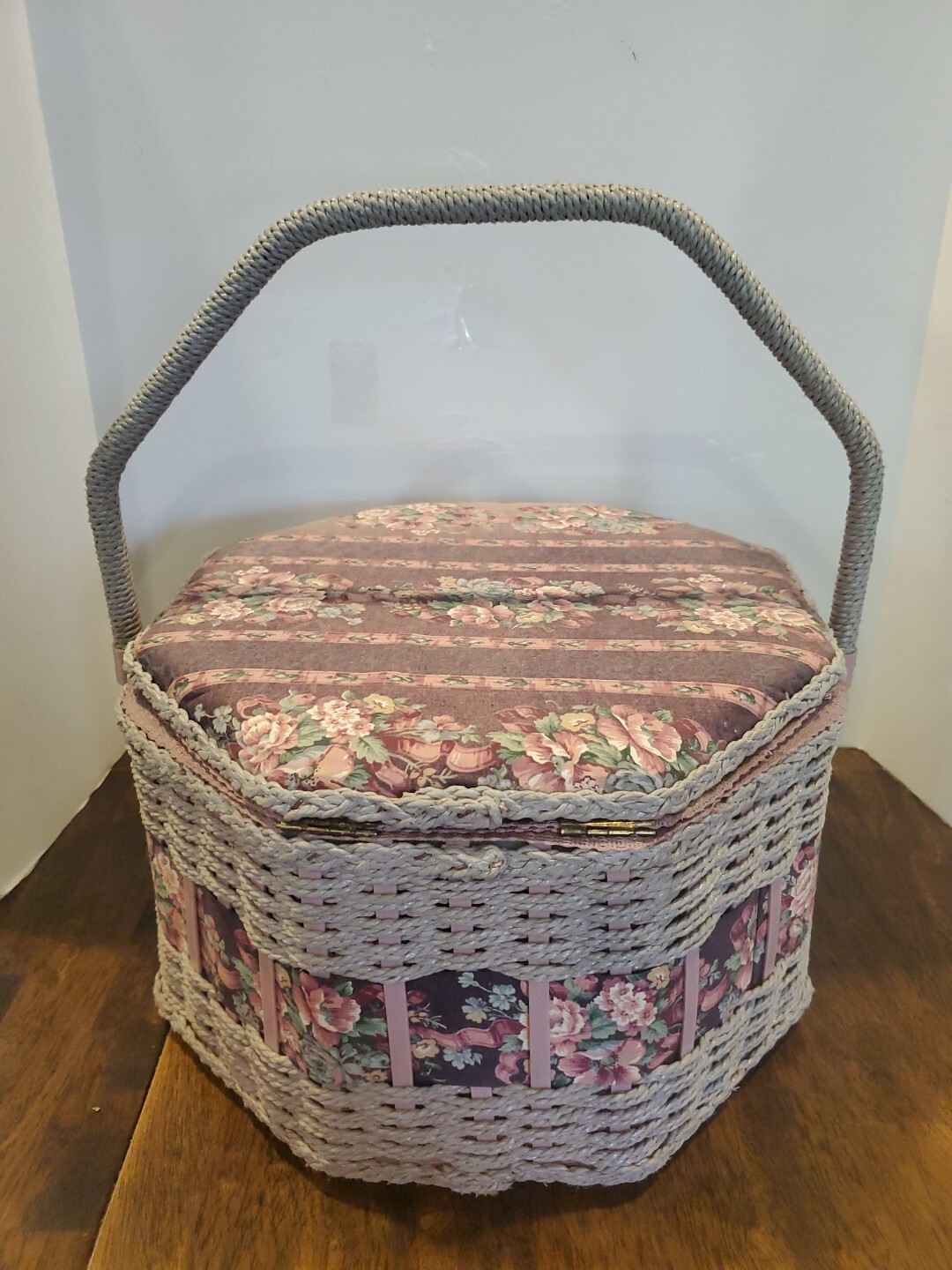 Vintage 1980s Large Octagon Sewing Box w Handle Wicker Dusty Rose/Blue Floral
