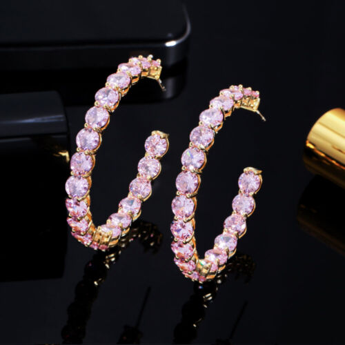Boucles d'oreilles pendulaires femmes design européen charme topaze rose pierre précieuse or jaune - Photo 1 sur 6