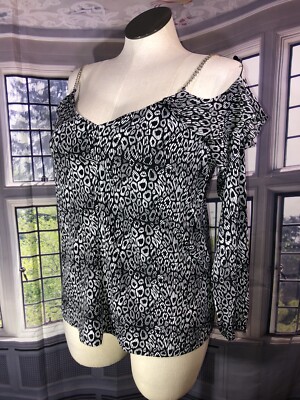 Michael Kors XL Cold Shoulder Chain Accent Black White Blouse Top Shirt  