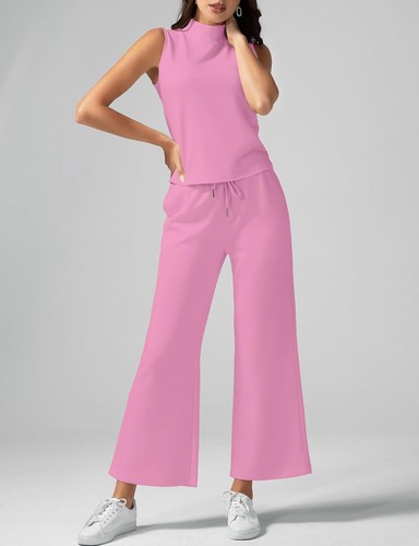 Two Piece Sets Women Summer Lounge Mock Neck Tops Wide Leg Crop Pants Outfits - Picture 134 of 180