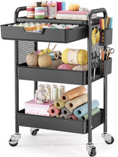 3 Tier Metal Rolling Utility Cart with Drawer Pegboard - Multifunctional Stora