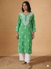 Lucknowi Rayon Chikankari Green Kurta  Cotton Kurti for Women  Size 38-56