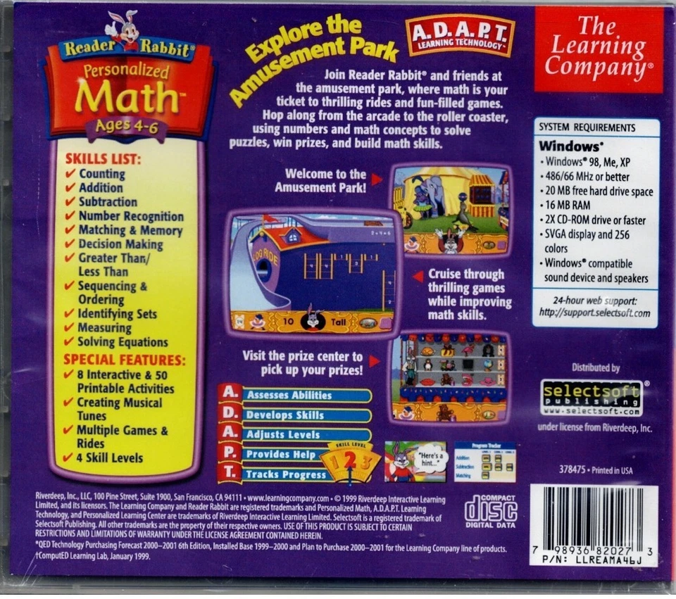 Reader Rabbit Personalized Math Ages 4 to 6 Pc New 2 Cds XP Add Subtract Problem - Image 2 of 2