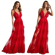 NWOT Uptown America Red Floral Tulle Maxi Dress X Back Deep V Size 6