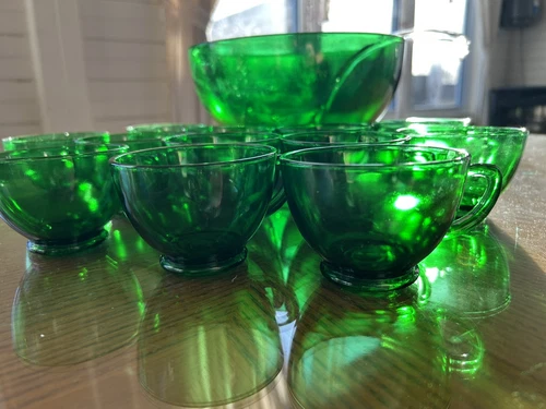 Vintage Anchor Hocking Emerald Green Glass Punch Bowl Set Bowl 12 Cups Party MCM
