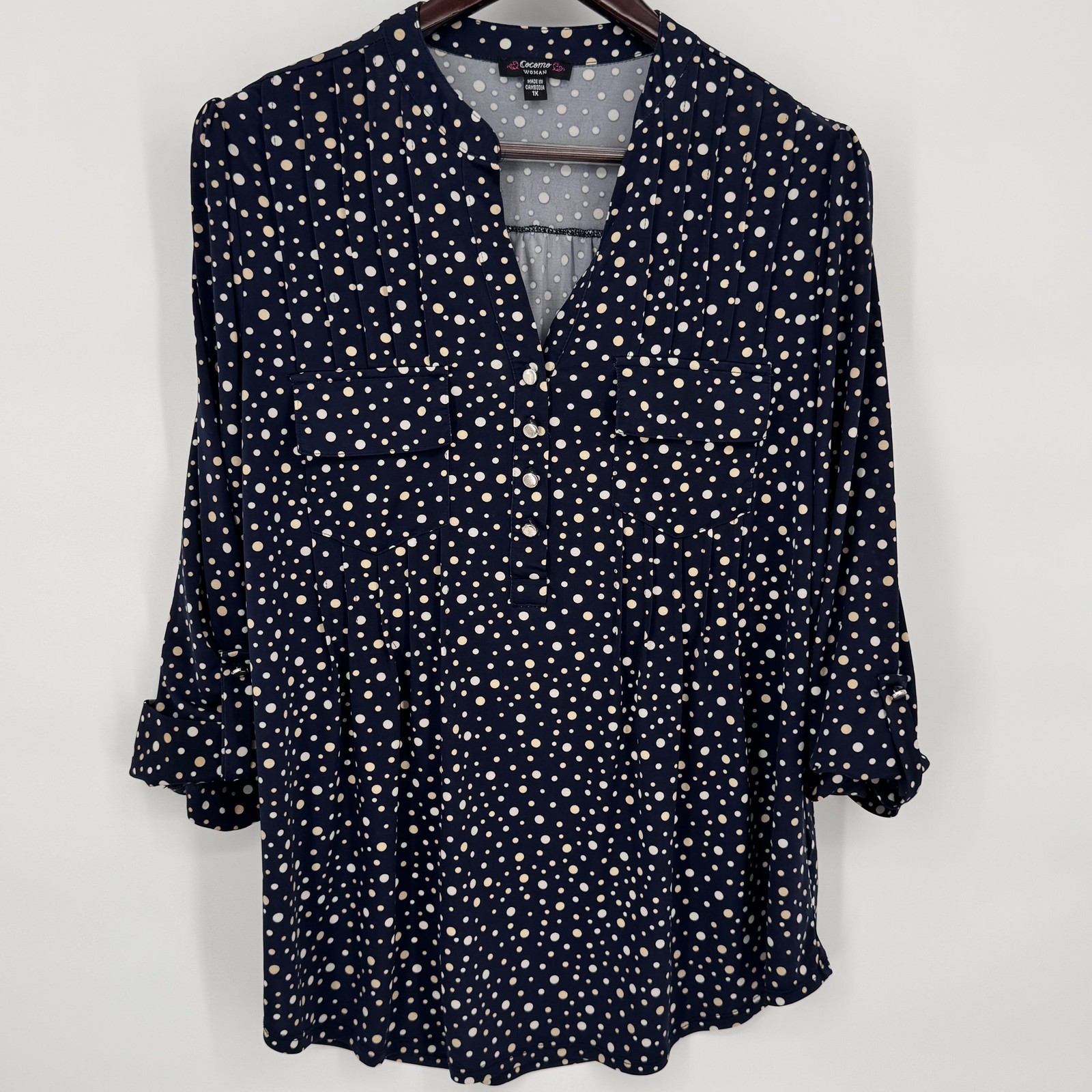 Cocomo Woman Blouse Womens 1X Blue Polka Dot Roll Tab Tunic Top V Neck Pleated