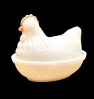 VTG Milk Glass Hen On Nest Dish With Basket Weave Base, candy, trinket dish