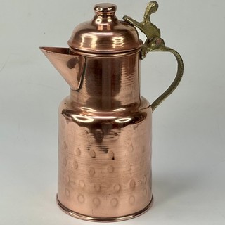 Vintage French Rustic Hammered Copper Coffee Pot With Brass Handle & Hinged Lid