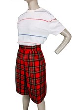 Vintage 80s Red Tartan Plaid Wool Long High-Waist Culottes Shorts M/L/XL