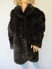Vintage faux fur coat jacket, dark brown, animal stripes, made in UK large 16 18