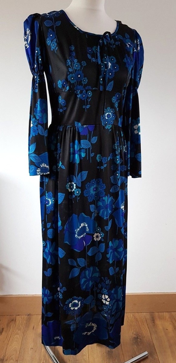 Leygil Vintage Maxi Dress Black Blue Floral Statement Sleeve 70s Semi Sheer 