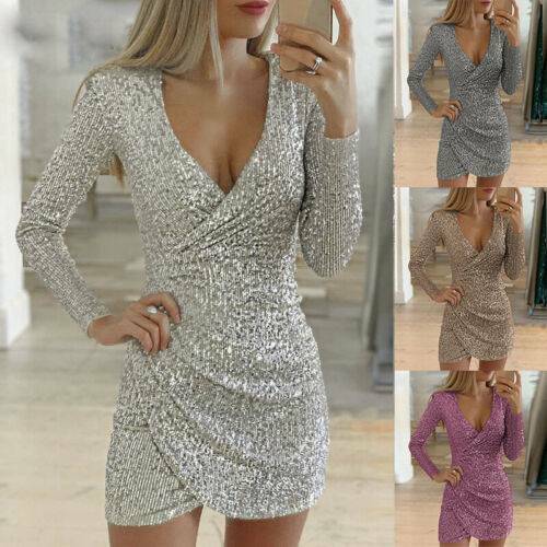 Women's Glitter Sequin Party Mini Dress Bodycon Club V-Neck Long Sleeve Dresses