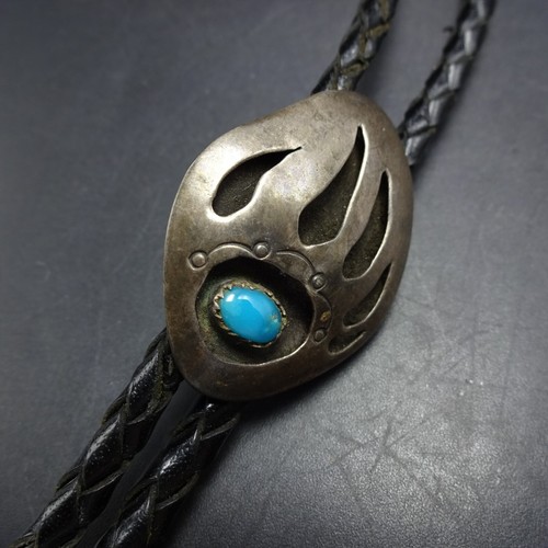 Vintage BOLO TIE Sterling Silver BEAR PAW Shadowbox TURQUOISE Black Leather Cord - Picture 5 of 10
