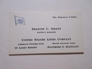 Business card - United States Lines Company American Pioneer Line Baltimore MD