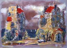 Original Painting A4 Oil Post Impressionism Houses and the Sea Signed