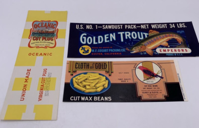 Lot (15) Vintage Can Labels Golden Trout, Cloth of Gold Beans, Oceanic Cut Plug